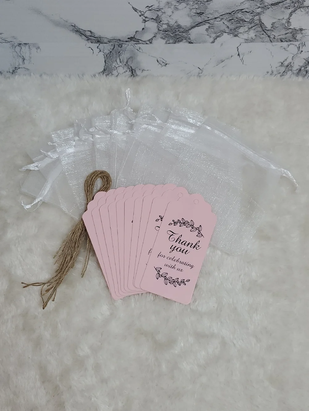 Pink 'Thank You' Party Favor Tags with Jute Twine and Organza Bags Set Of 10 NWT